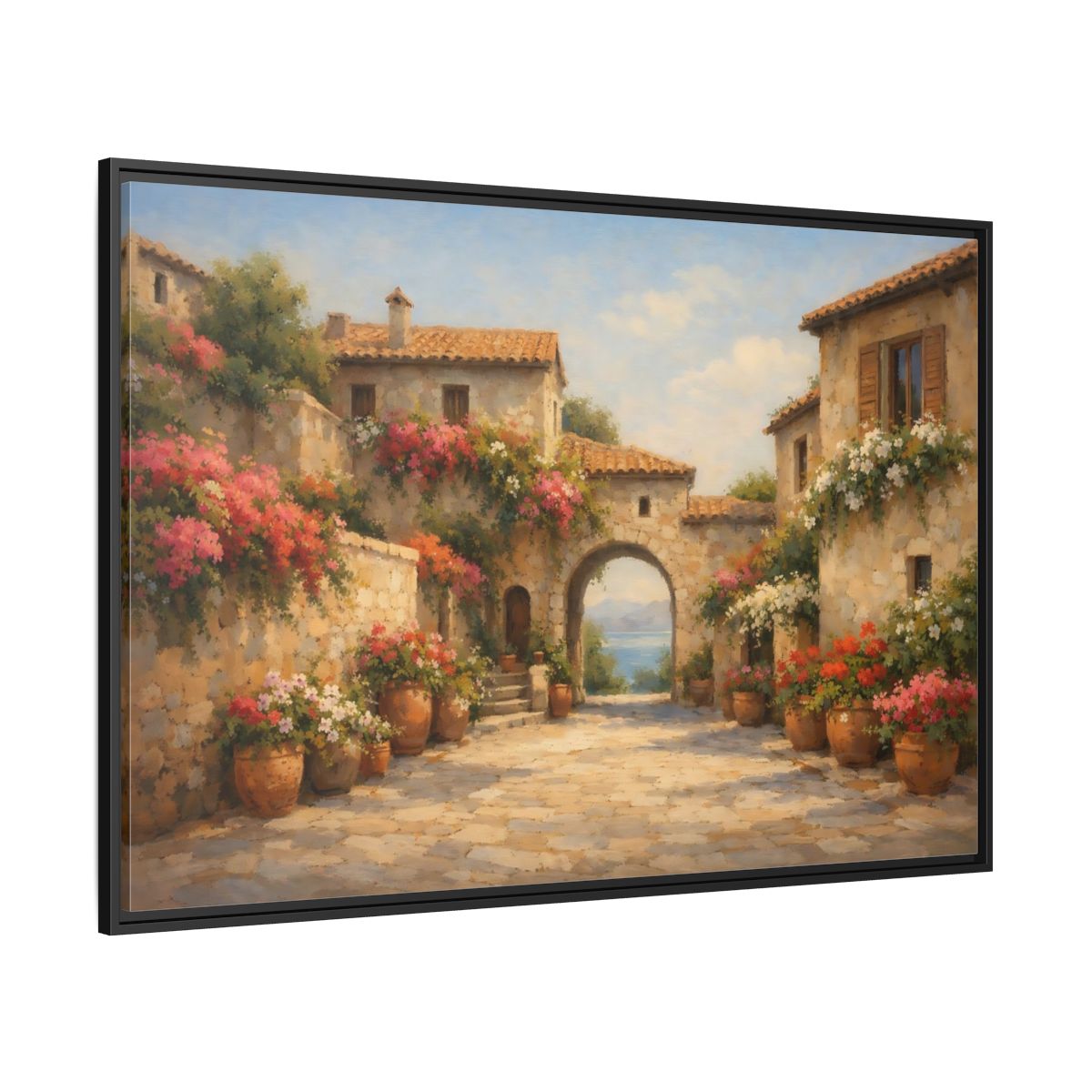 Side Mockup 12. Nature Mediterranean Village Mediterranean Floral Village shown as stretched canvas wall art