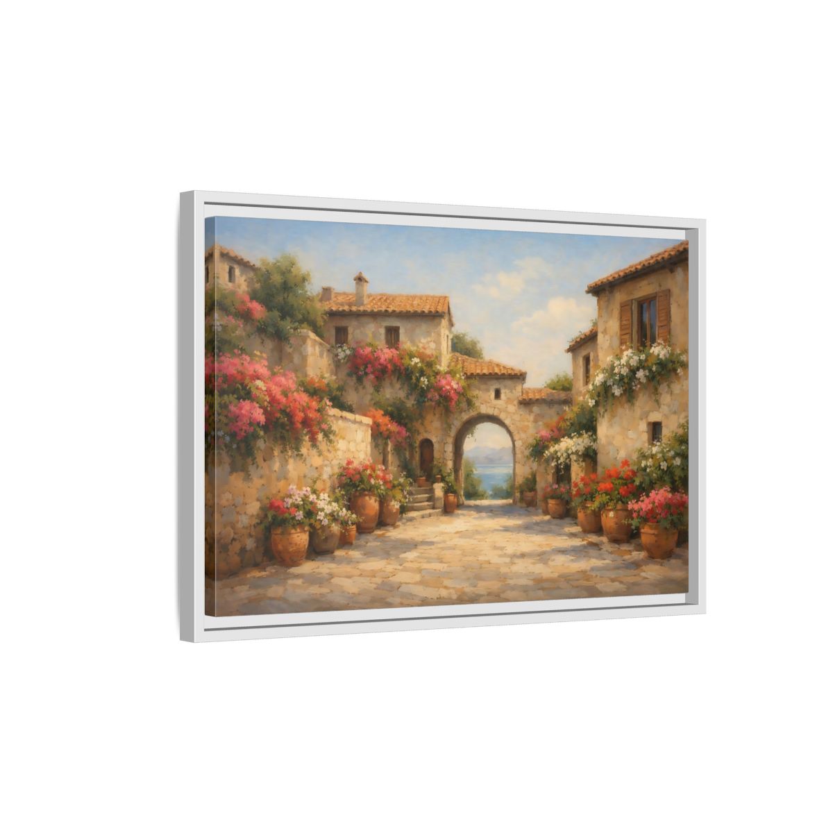 Side Mockup 1. Nature Mediterranean Village Mediterranean Floral Village shown as stretched canvas wall art