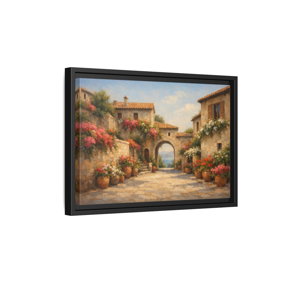 Side Mockup 6. Nature Mediterranean Village Mediterranean Floral Village shown as stretched canvas wall art
