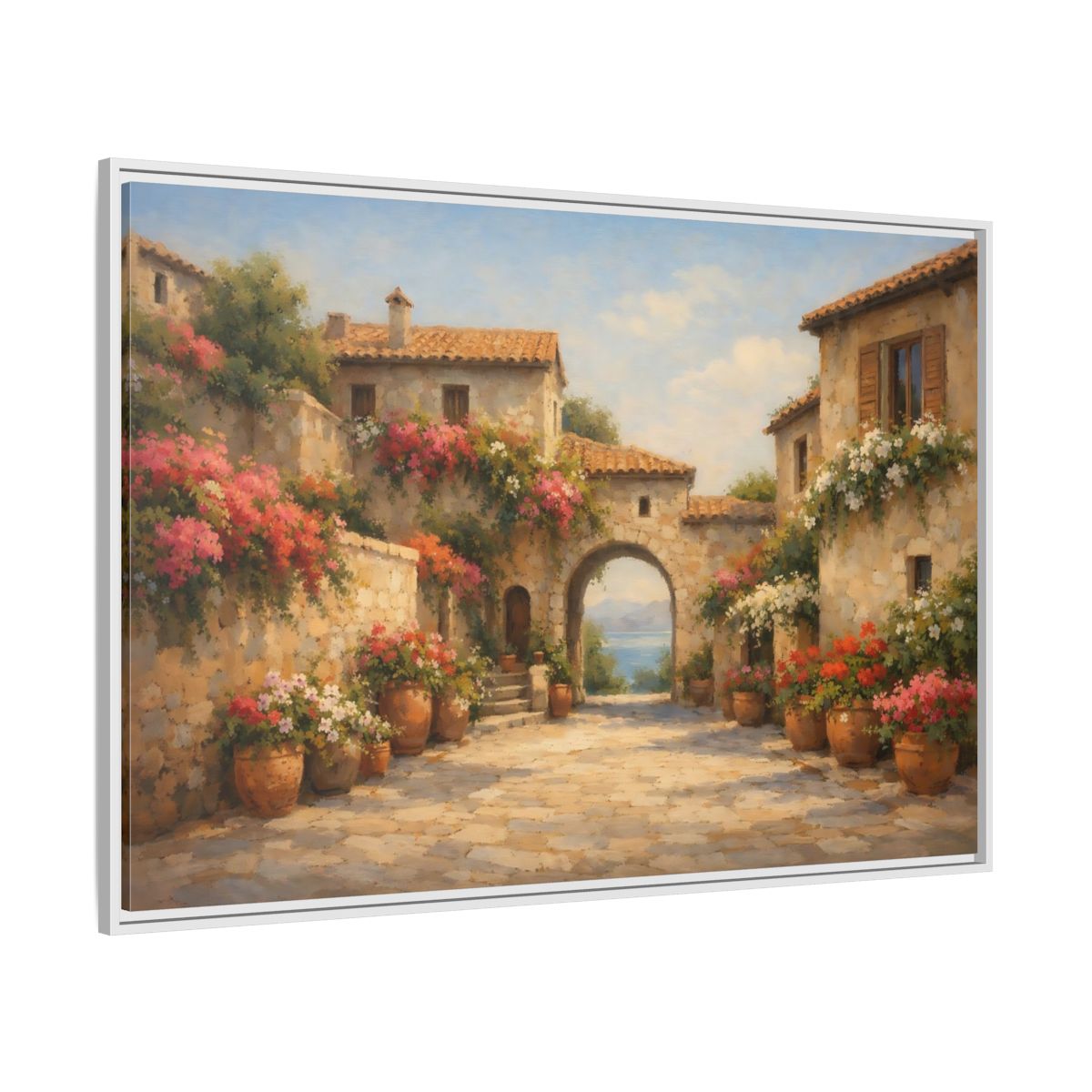 Side Mockup 7. Nature Mediterranean Village Mediterranean Floral Village shown as stretched canvas wall art