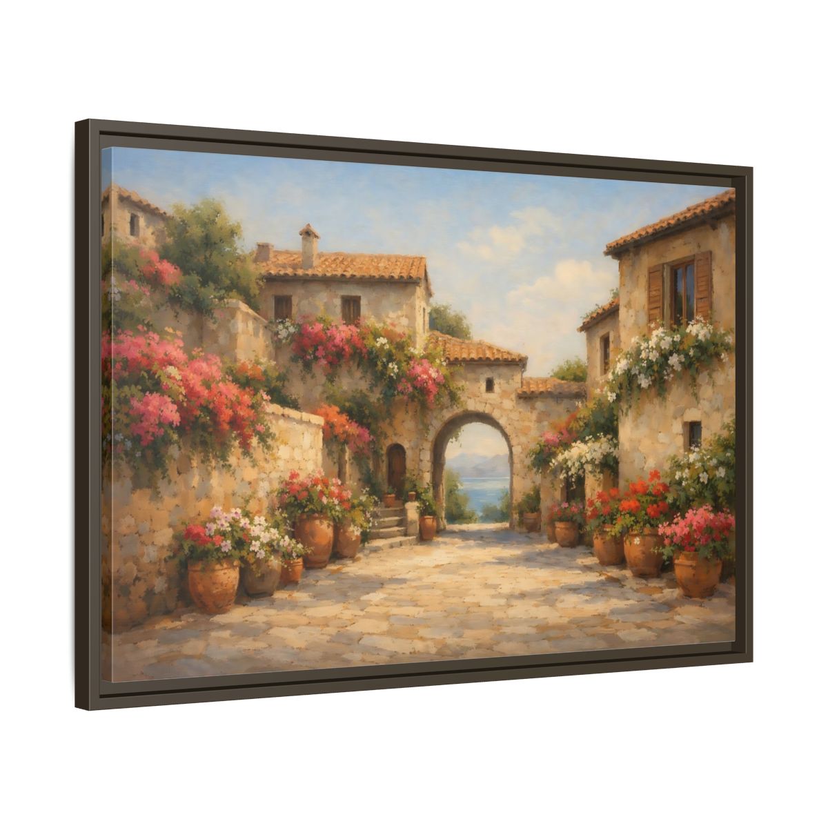 Side Mockup 11. Nature Mediterranean Village Mediterranean Floral Village shown as stretched canvas wall art