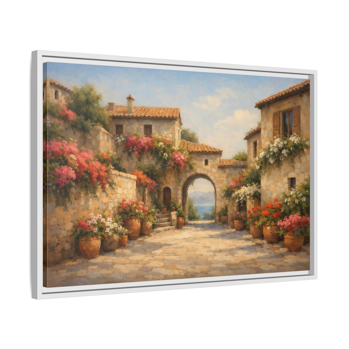 Side Mockup 10. Nature Mediterranean Village Mediterranean Village shown as stretched canvas wall art