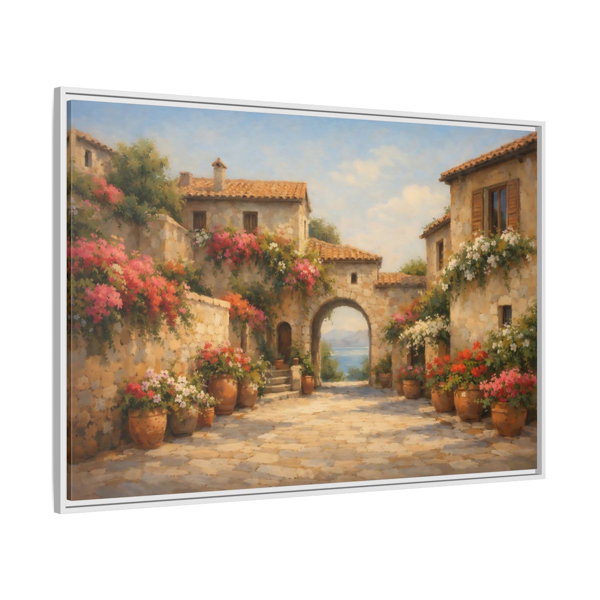 Side Mockup 7. Nature Mediterranean Village Mediterranean Village shown as stretched canvas wall art