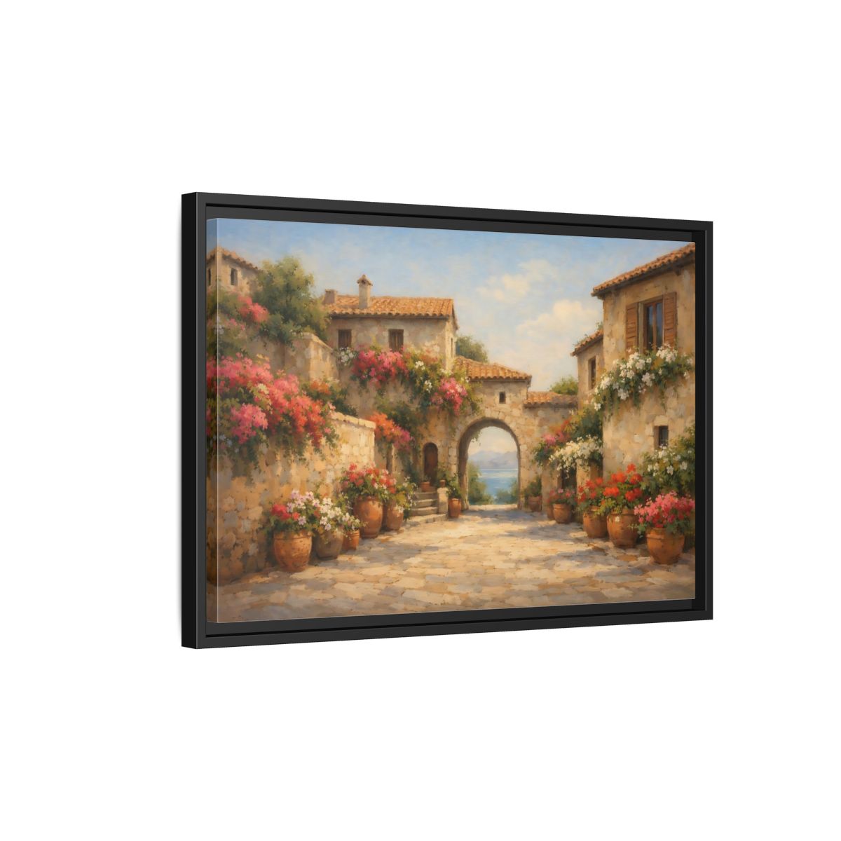 Side Mockup 3. Nature Mediterranean Village Mediterranean Village shown as stretched canvas wall art
