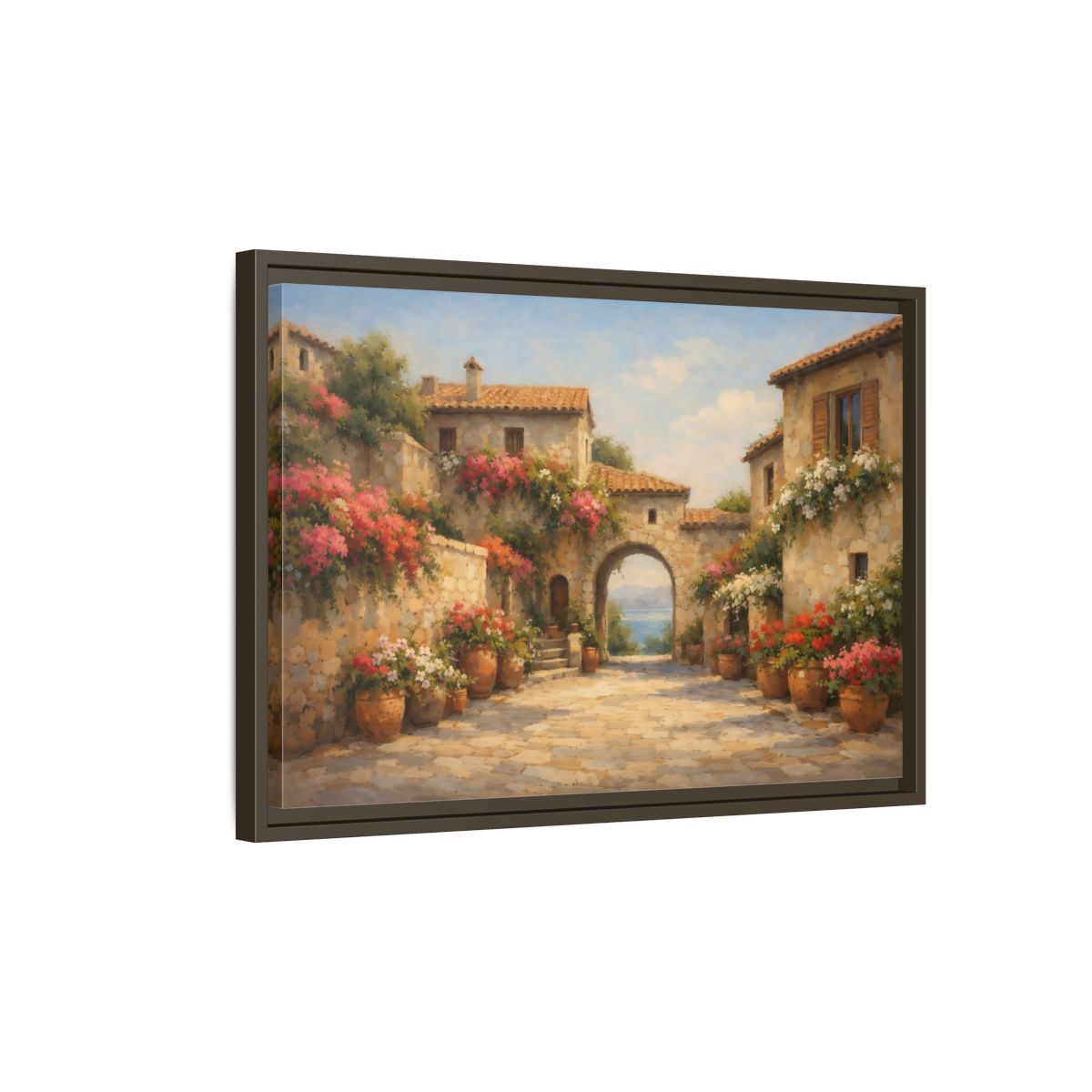 Side Mockup 2. Nature Mediterranean Village Mediterranean Village shown as stretched canvas wall art