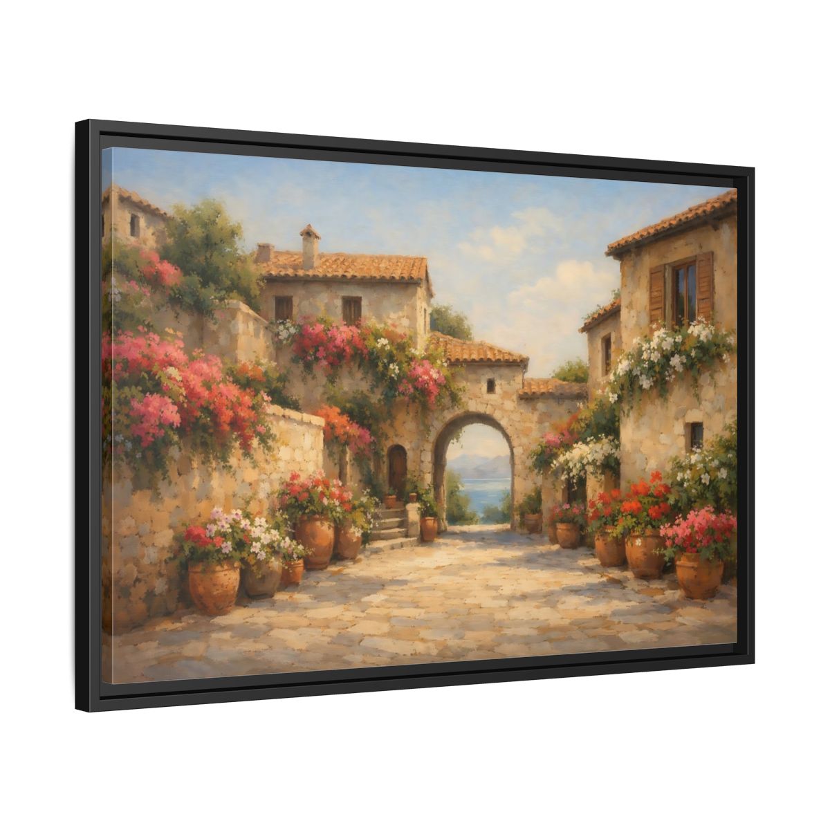 Side Mockup 14. Nature Mediterranean Village Mediterranean Village shown as stretched canvas wall art