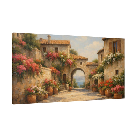 Main Mockup. Nature Mediterranean Village Mediterranean Floral shown as stretched canvas wall art