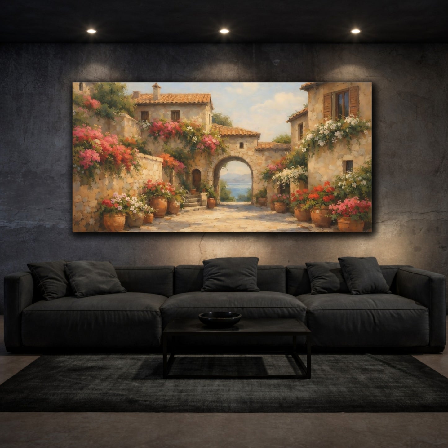 Mockup 2. Nature Mediterranean Village Mediterranean Floral shown as stretched canvas wall art