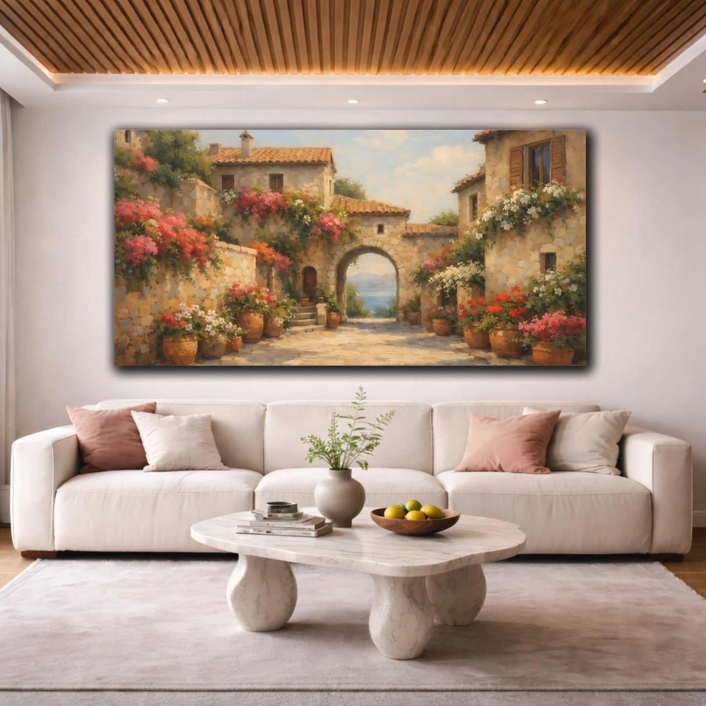 Mockup 3. Nature Mediterranean Village Mediterranean Floral shown as stretched canvas wall art