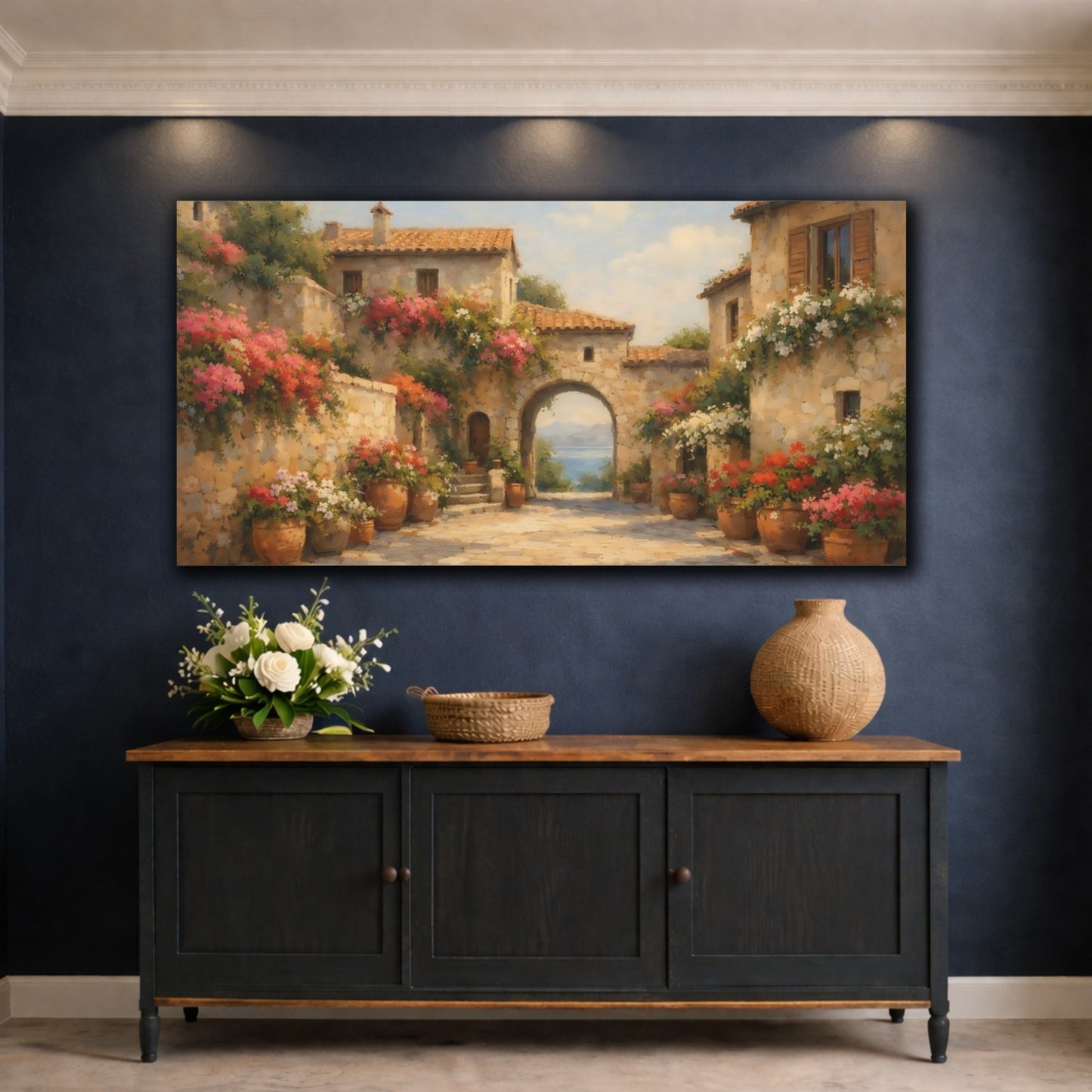 Mockup 4. Nature Mediterranean Village Mediterranean Floral shown as stretched canvas wall art