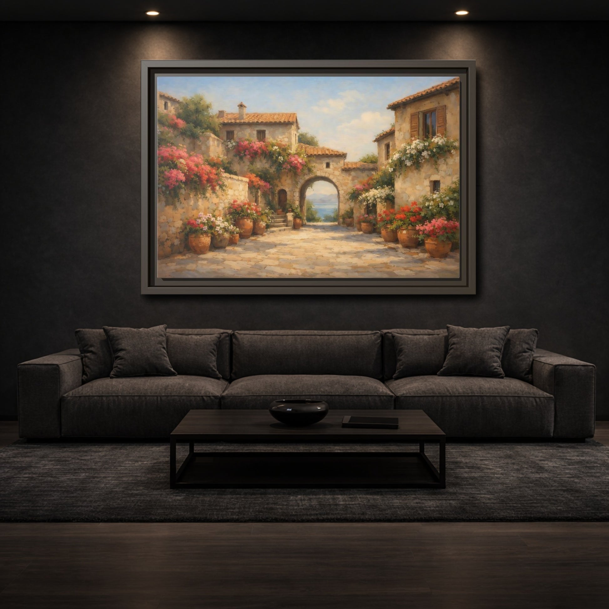 Mockup 2. Nature Mediterranean Village Mediterranean Floral Village shown as stretched canvas wall art
