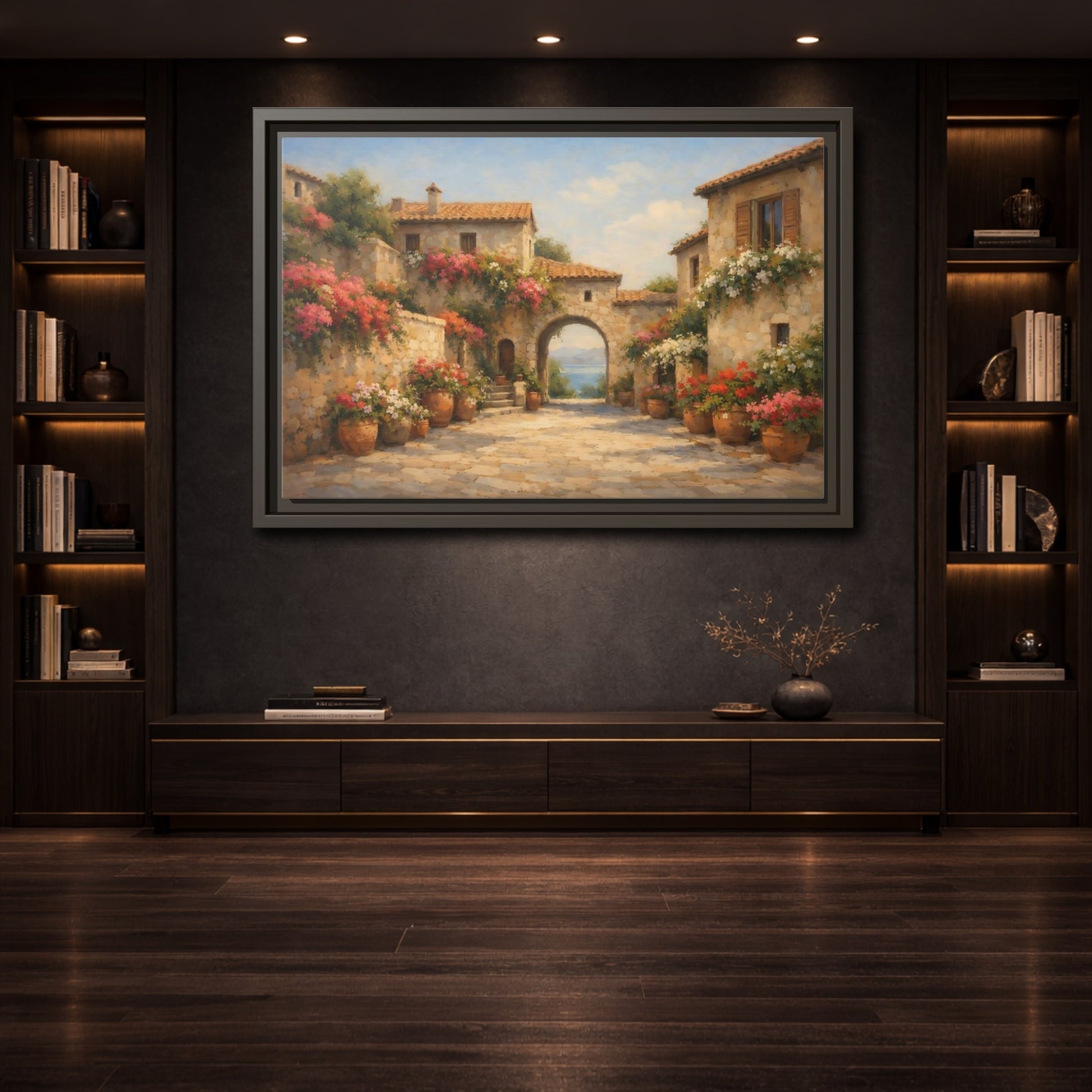 Mockup 3. Nature Mediterranean Village Mediterranean Floral Village shown as stretched canvas wall art