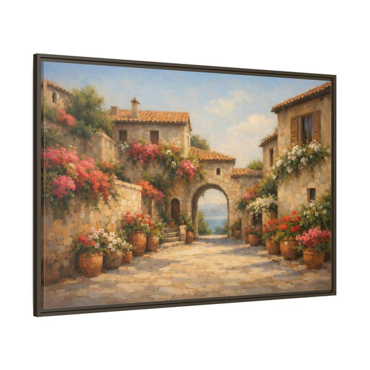 Main Mockup. Nature Mediterranean Village Mediterranean Village shown as stretched canvas wall art