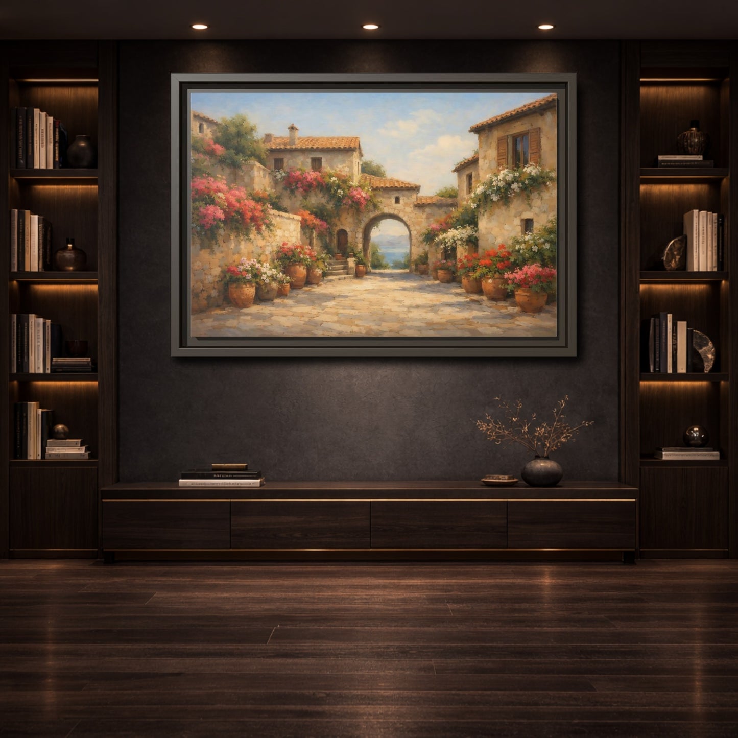 Mockup 3. Nature Mediterranean Village Mediterranean Village shown as stretched canvas wall art