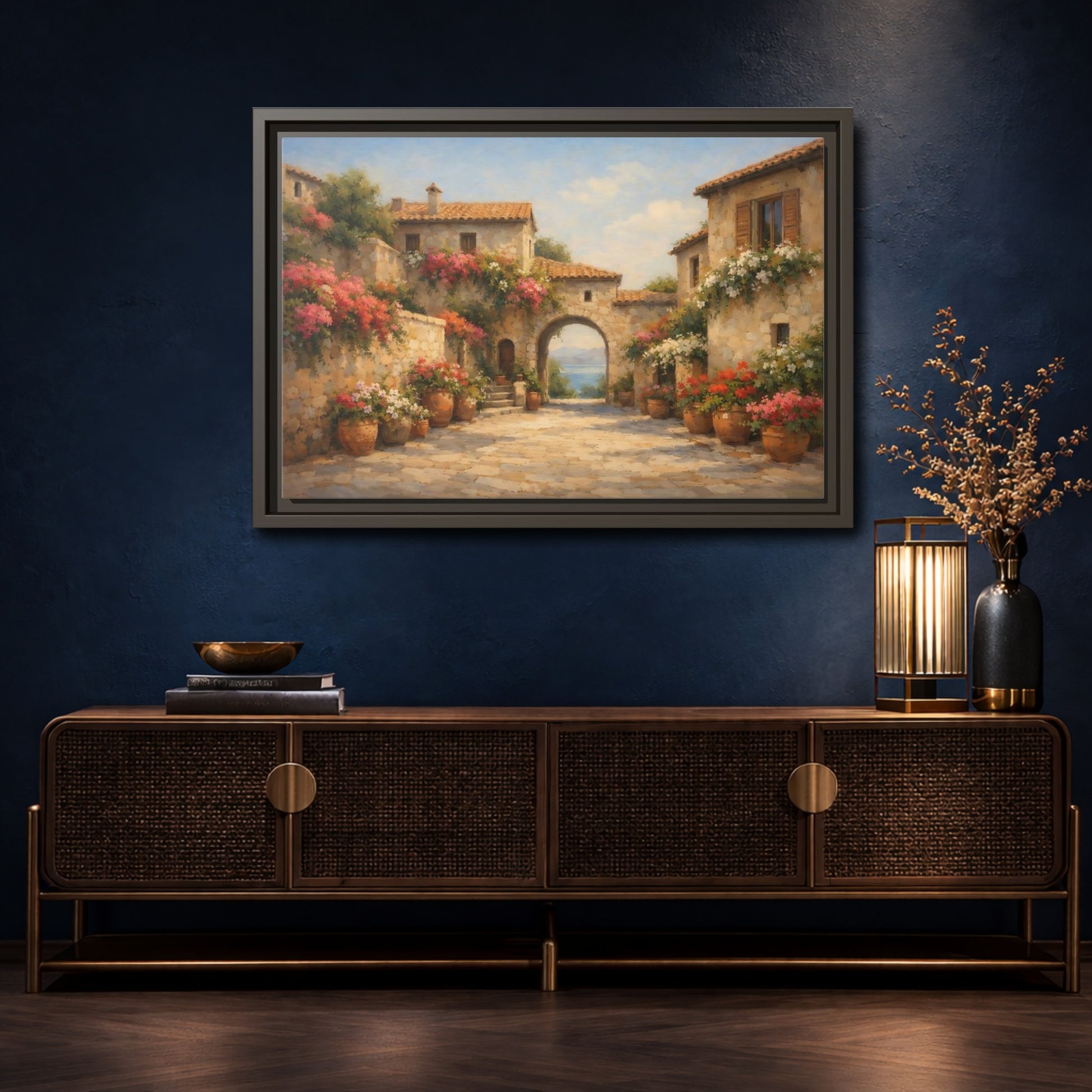 Mockup 4. Nature Mediterranean Village Mediterranean Village shown as stretched canvas wall art