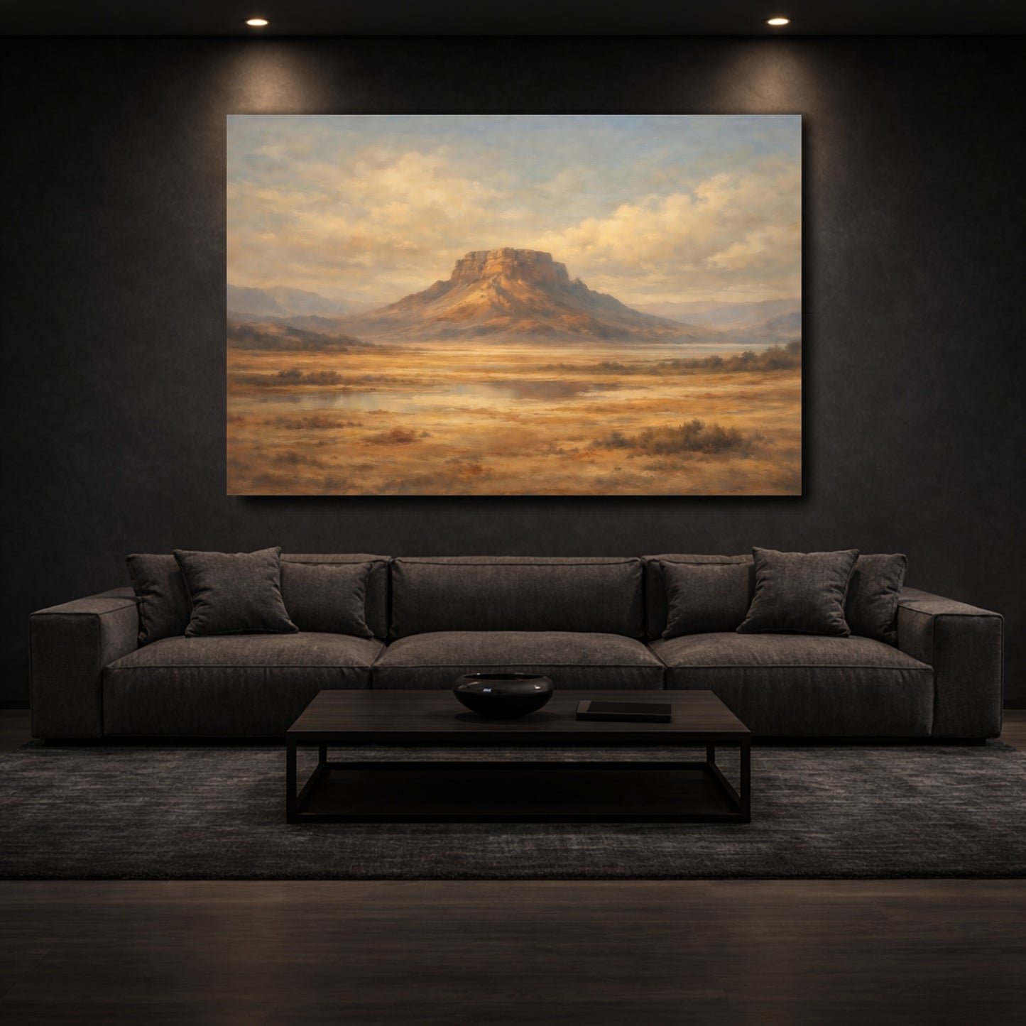 Mockup 2. Nature Mesa Brown And Gold Landscape shown as stretched canvas wall art