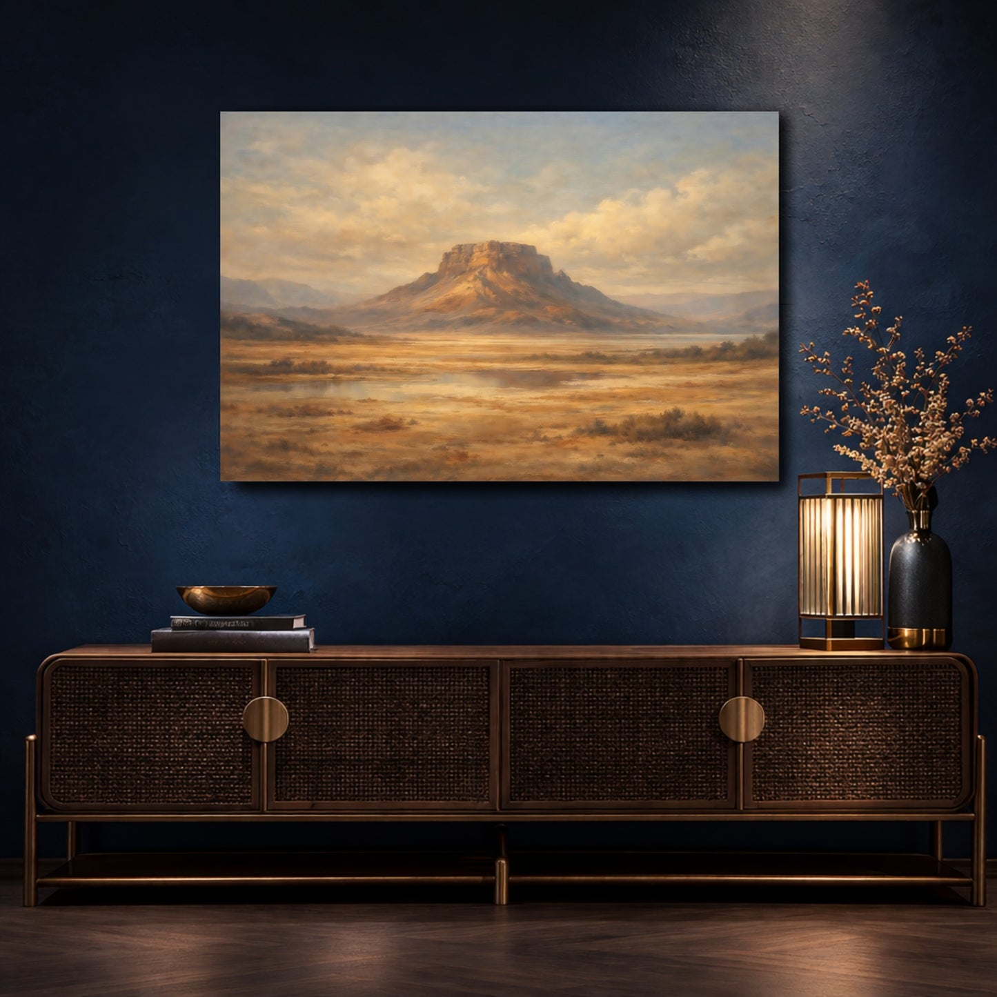 Mockup 4. Nature Mesa Brown And Gold Landscape shown as stretched canvas wall art