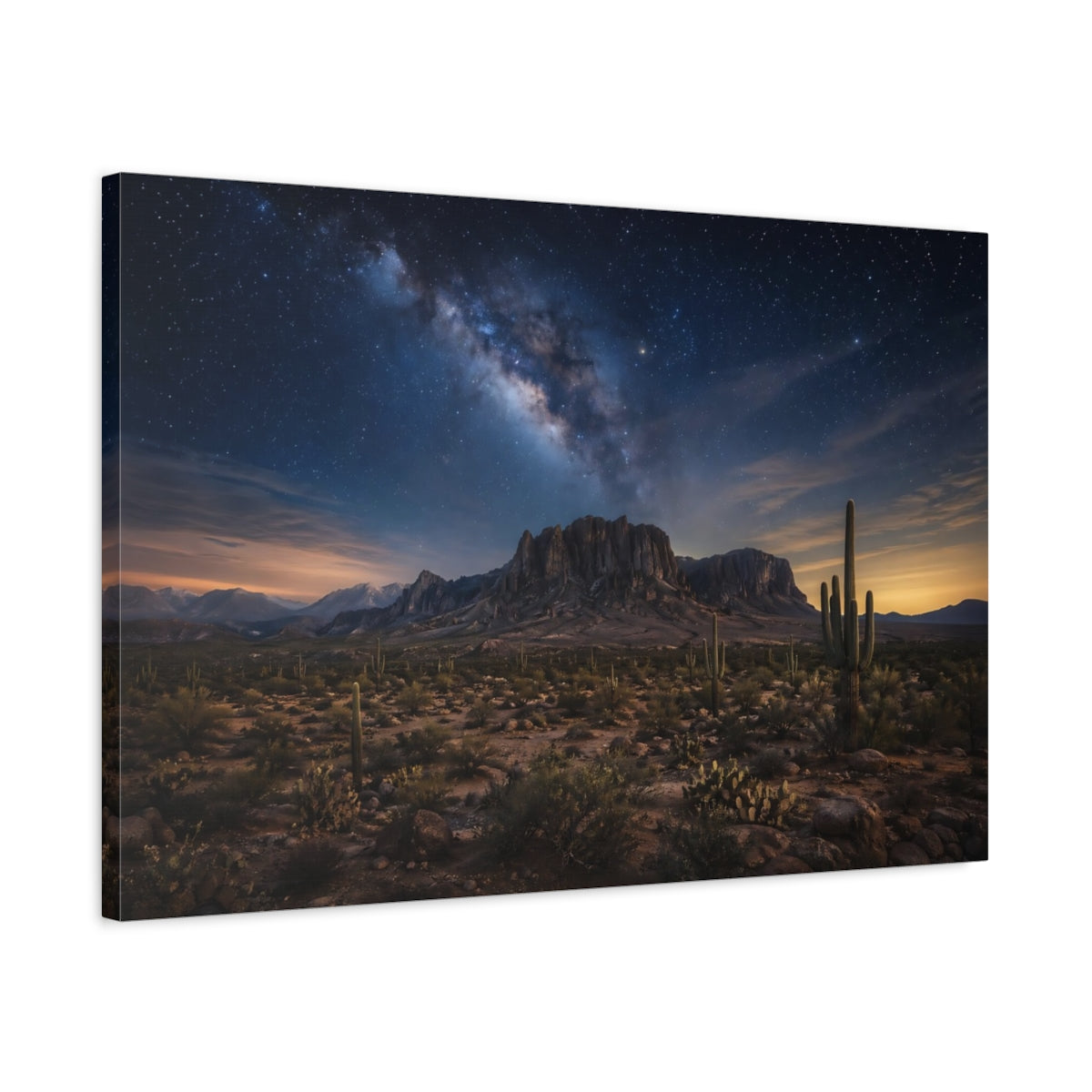 Side Mockup 2. Nature Milky Way Blue Desert Sky shown as stretched canvas wall art