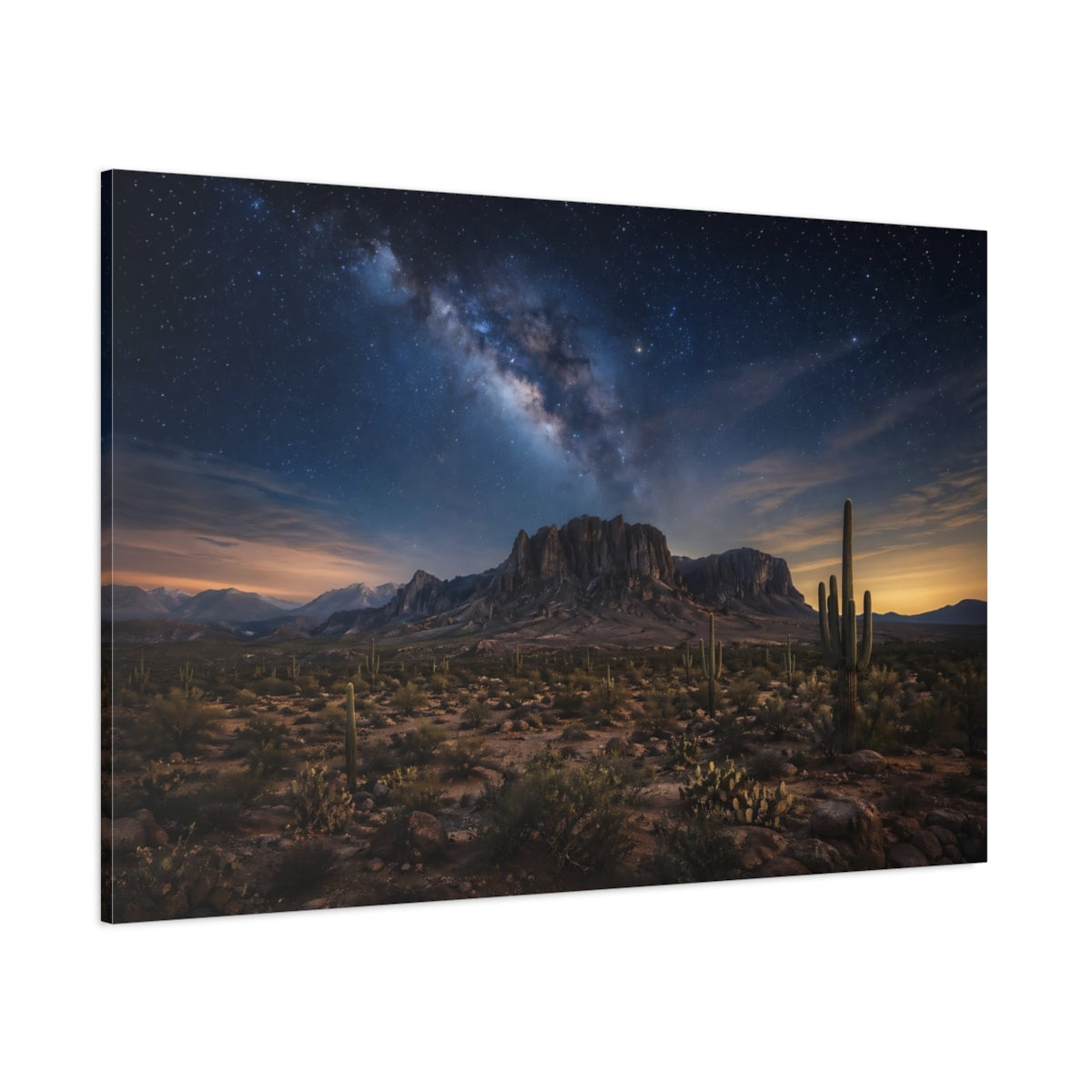 Side Mockup 1. Nature Milky Way Blue Desert Sky shown as stretched canvas wall art