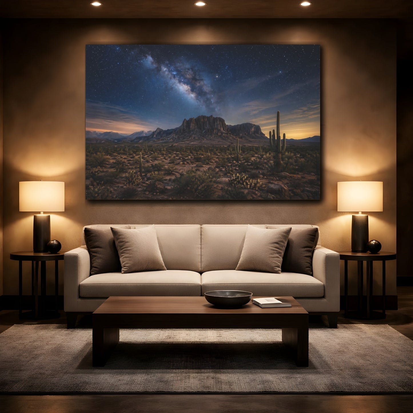 Mockup 2. Nature Milky Way Blue Desert Sky shown as stretched canvas wall art
