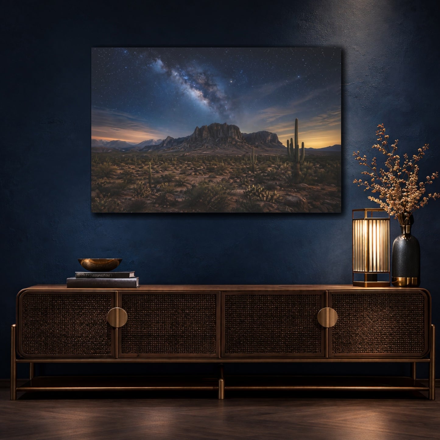 Mockup 4. Nature Milky Way Blue Desert Sky shown as stretched canvas wall art