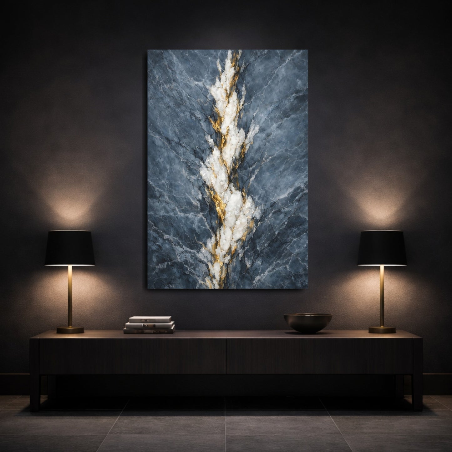 Mockup 2. Nature Mineral Vein Blue Gold Marble shown as stretched canvas wall art