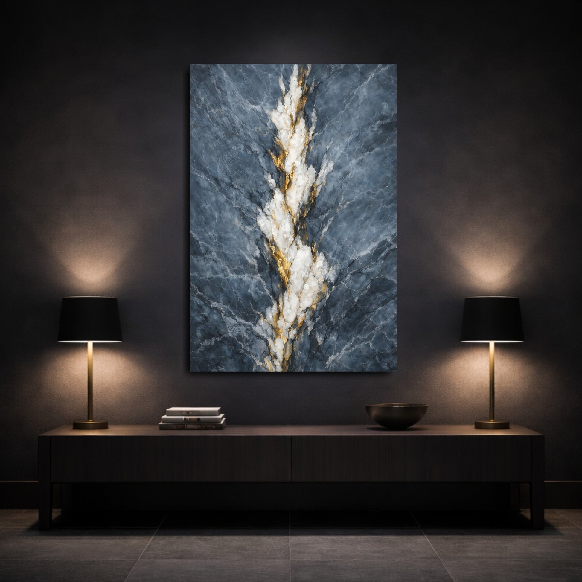 Mockup 2. Nature Mineral Vein Blue Gold Marble shown as stretched canvas wall art