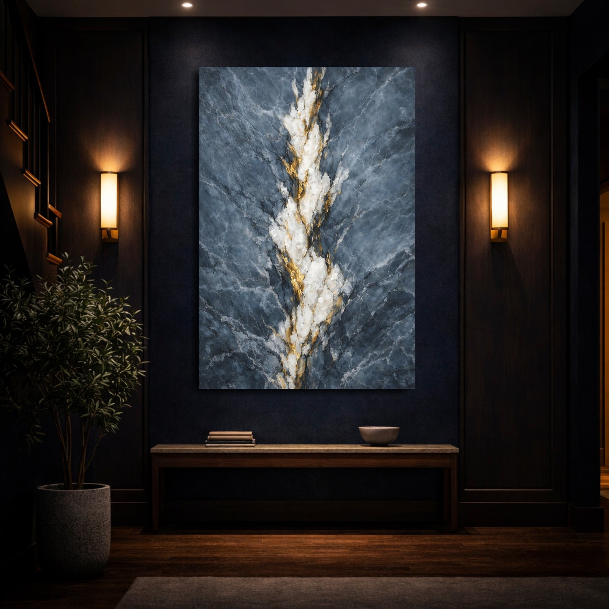 Mockup 3. Nature Mineral Vein Blue Gold Marble shown as stretched canvas wall art