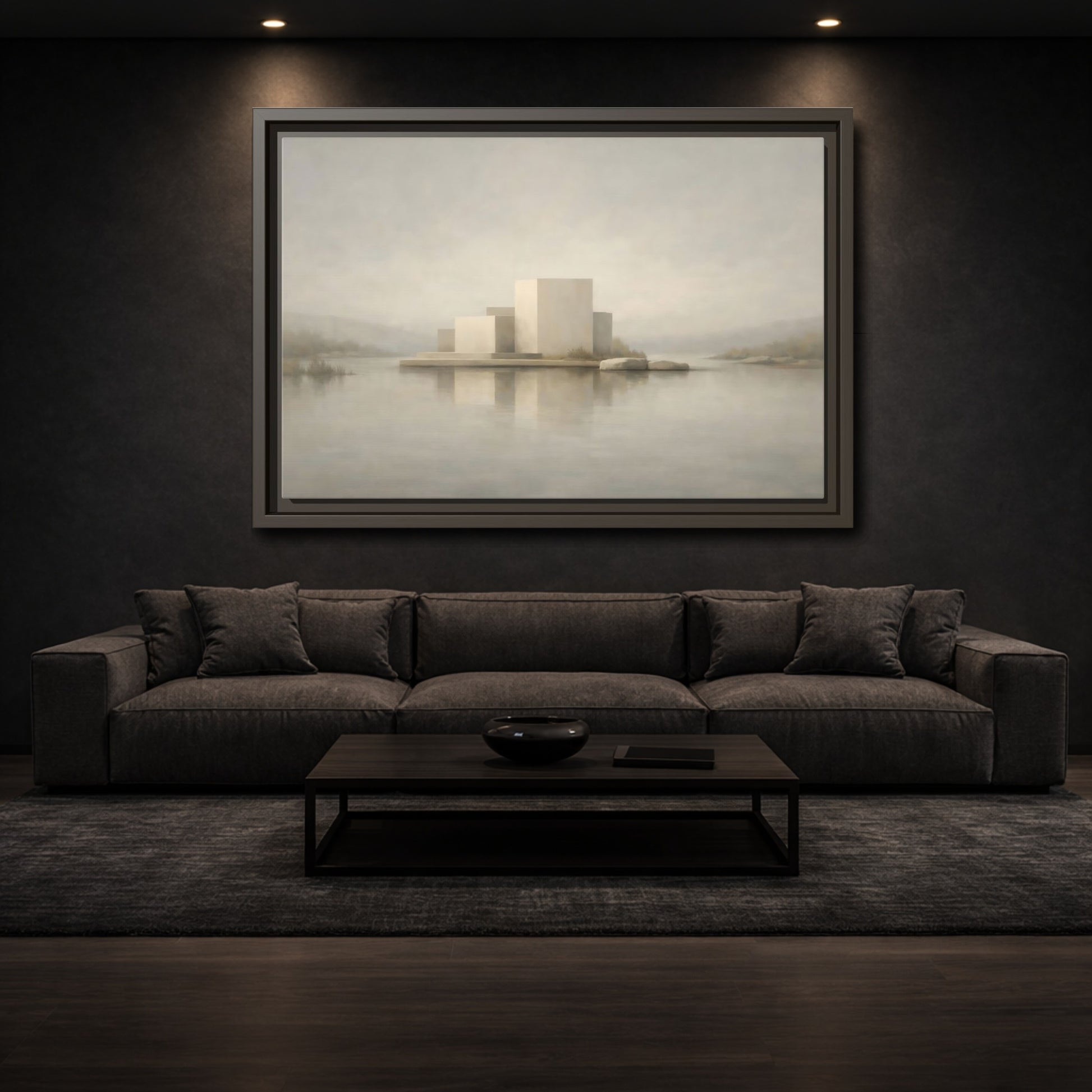 Mockup 2. Nature Minimalist Building Pale Neutral shown as stretched canvas wall art