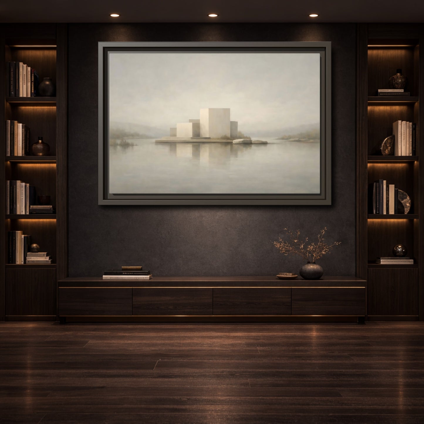 Mockup 3. Nature Minimalist Building Pale Neutral shown as stretched canvas wall art