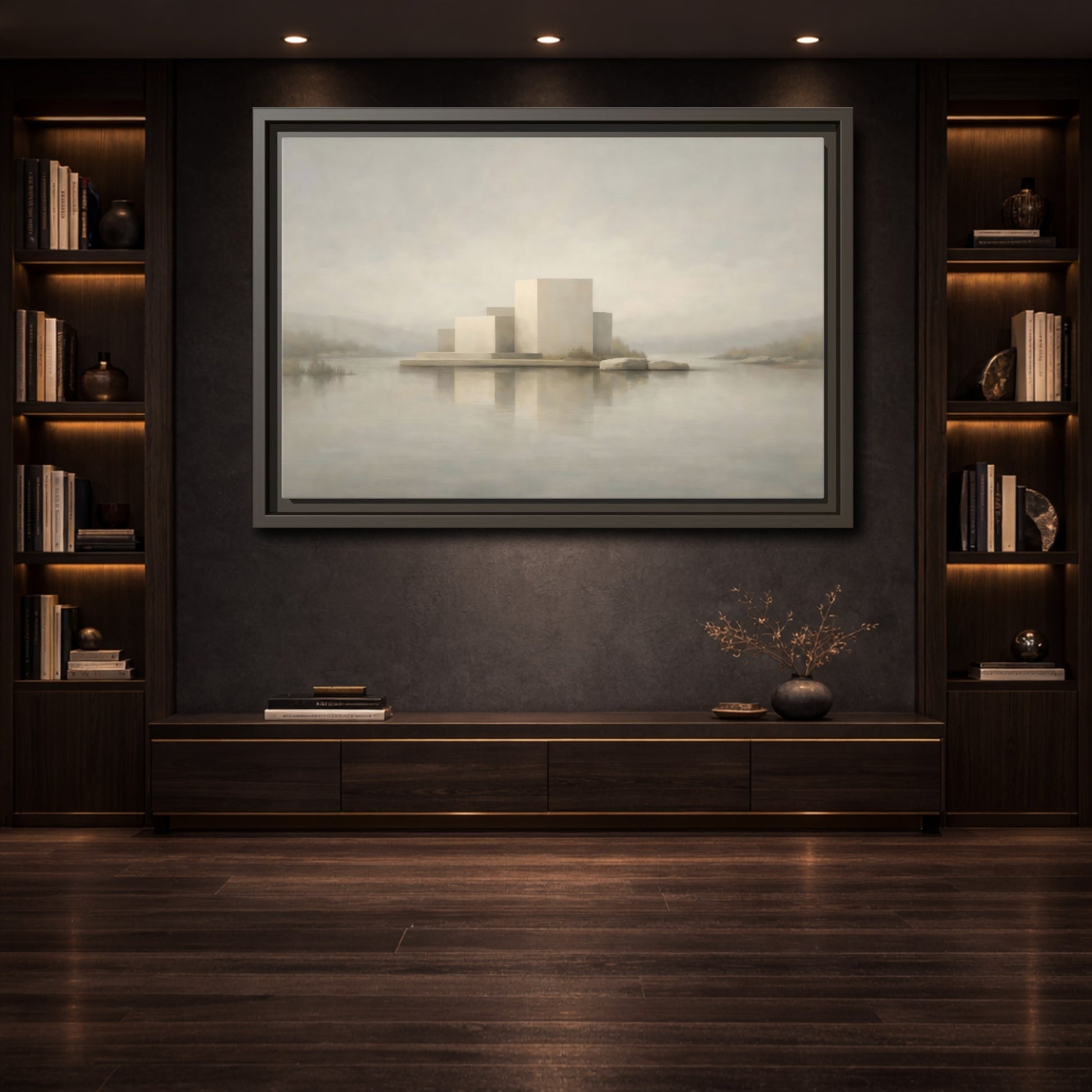Mockup 3. Nature Minimalist Building Pale Neutral shown as stretched canvas wall art