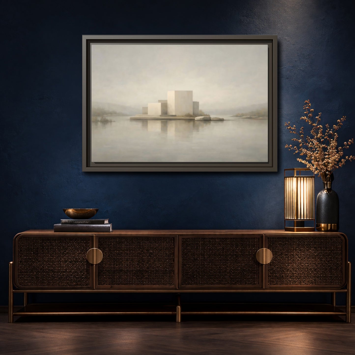 Mockup 4. Nature Minimalist Building Pale Neutral shown as stretched canvas wall art