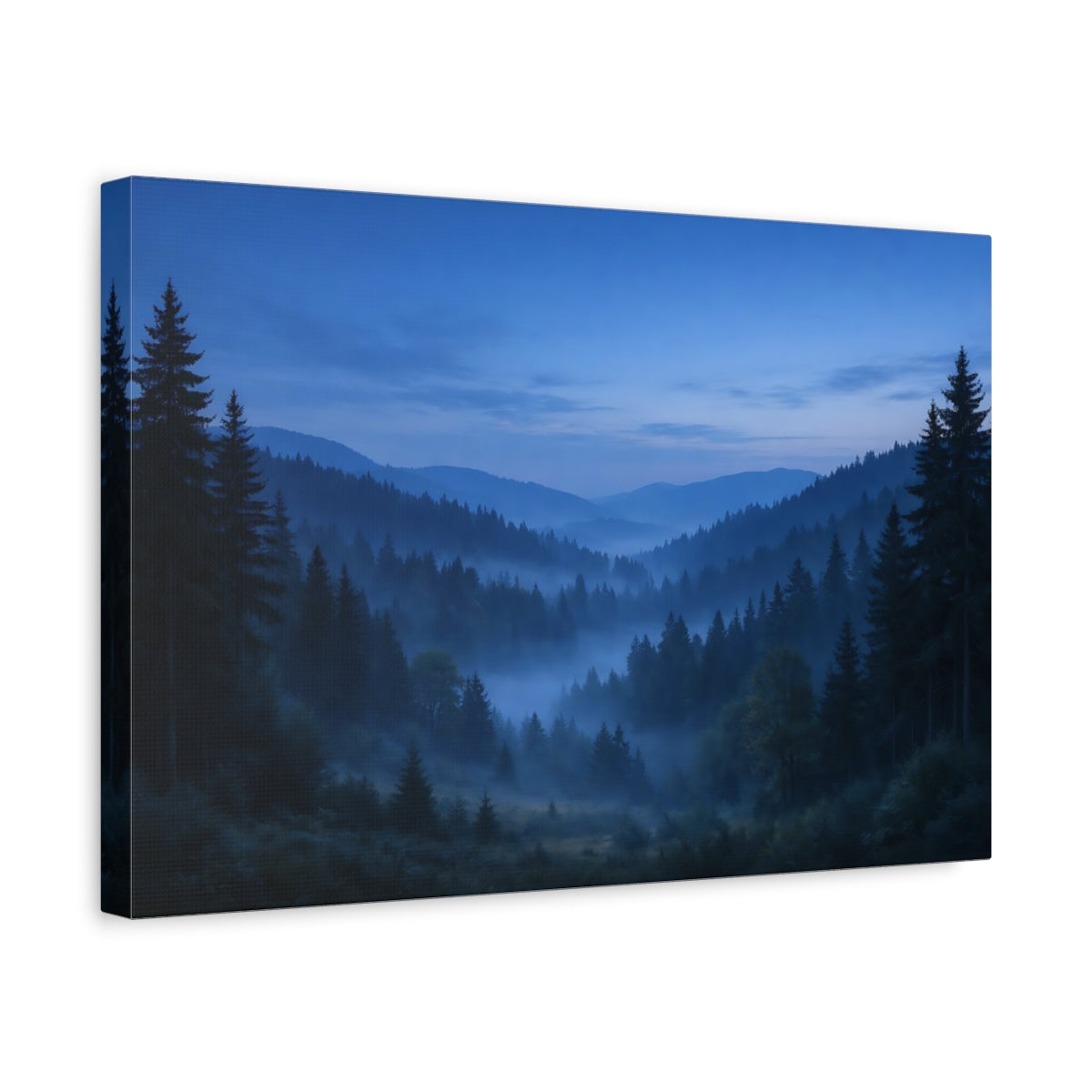 Side Mockup 4. Nature Misty Forest Misty Blue Forest shown as stretched canvas wall art