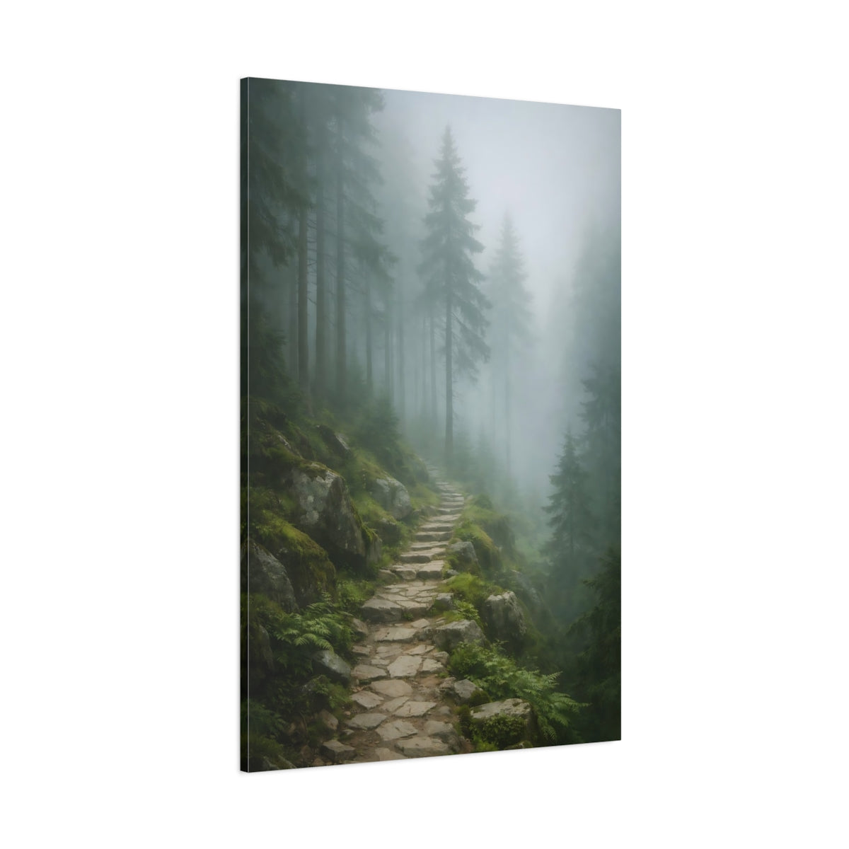 Main Mockup. Nature Misty Forest Green And Grey shown as stretched canvas wall art