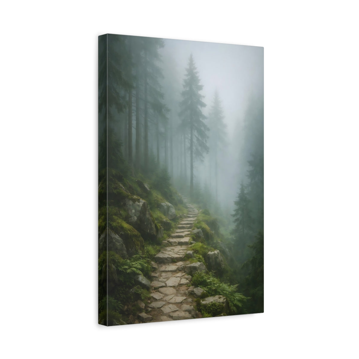 Side Mockup 4. Nature Misty Forest Green And Grey shown as stretched canvas wall art