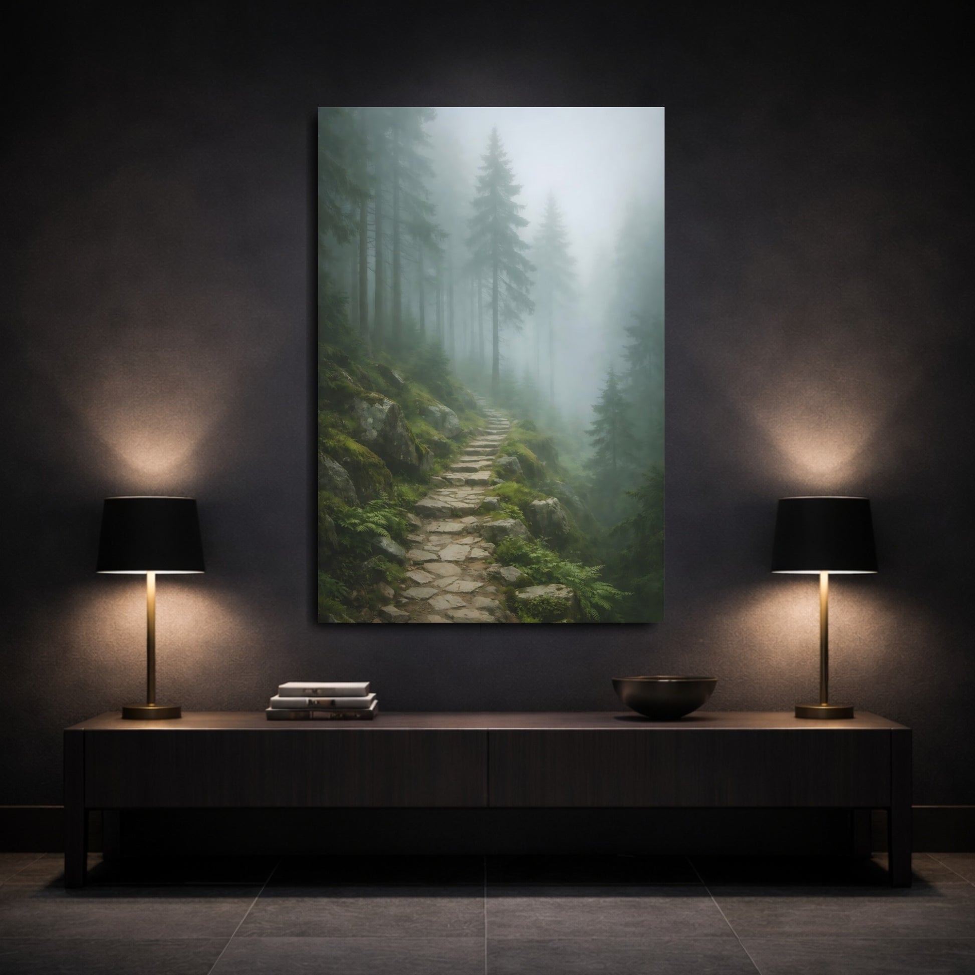 Mockup 2. Nature Misty Forest Green And Grey shown as stretched canvas wall art