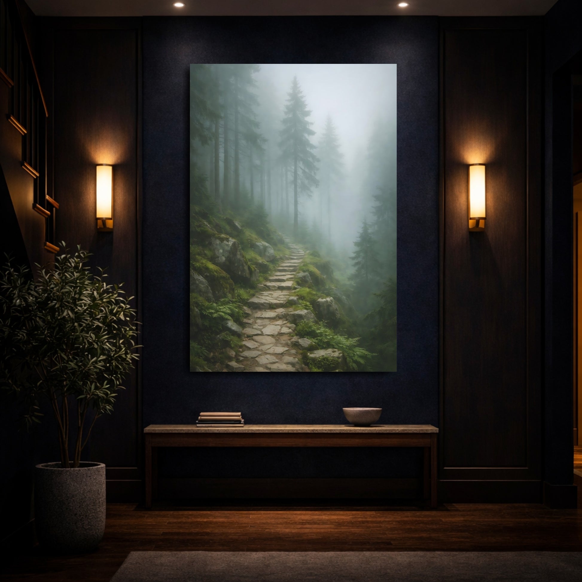 Mockup 3. Nature Misty Forest Green And Grey shown as stretched canvas wall art