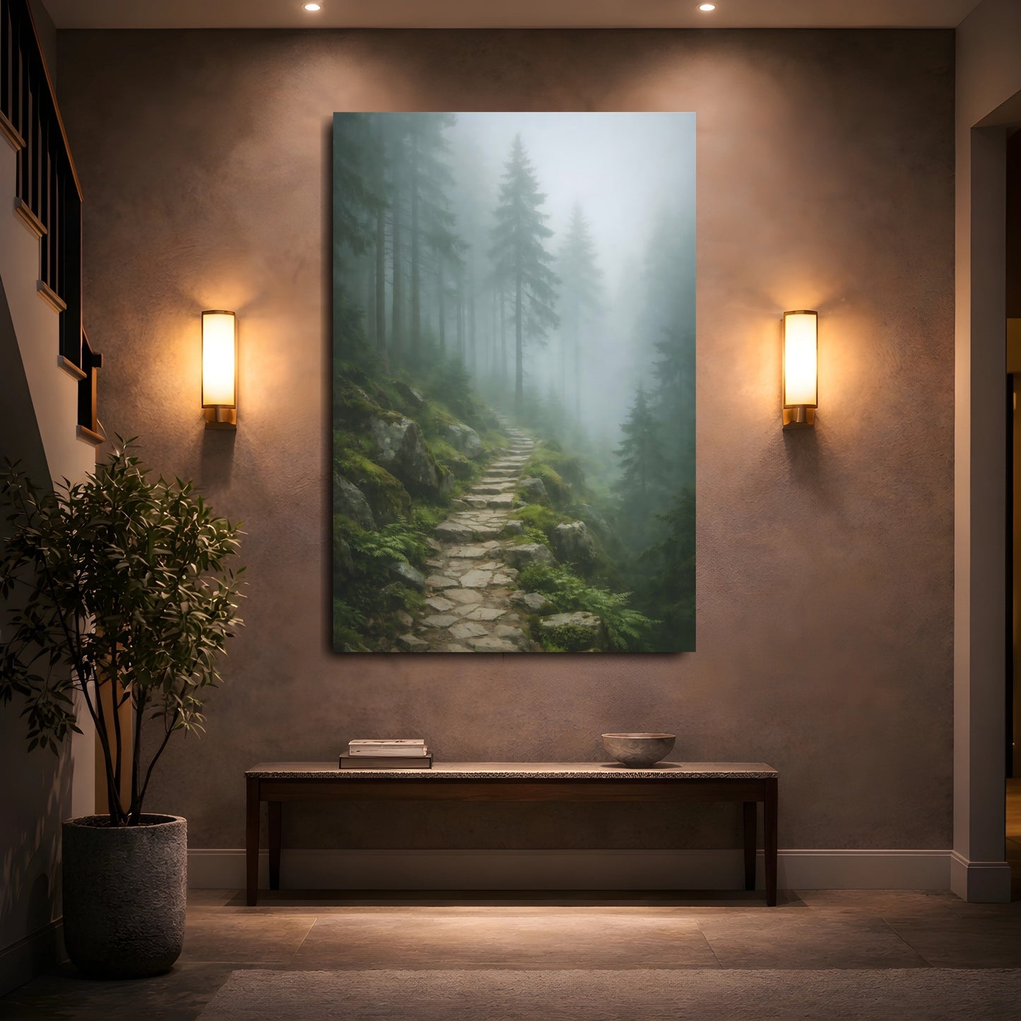 Mockup 4. Nature Misty Forest Green And Grey shown as stretched canvas wall art