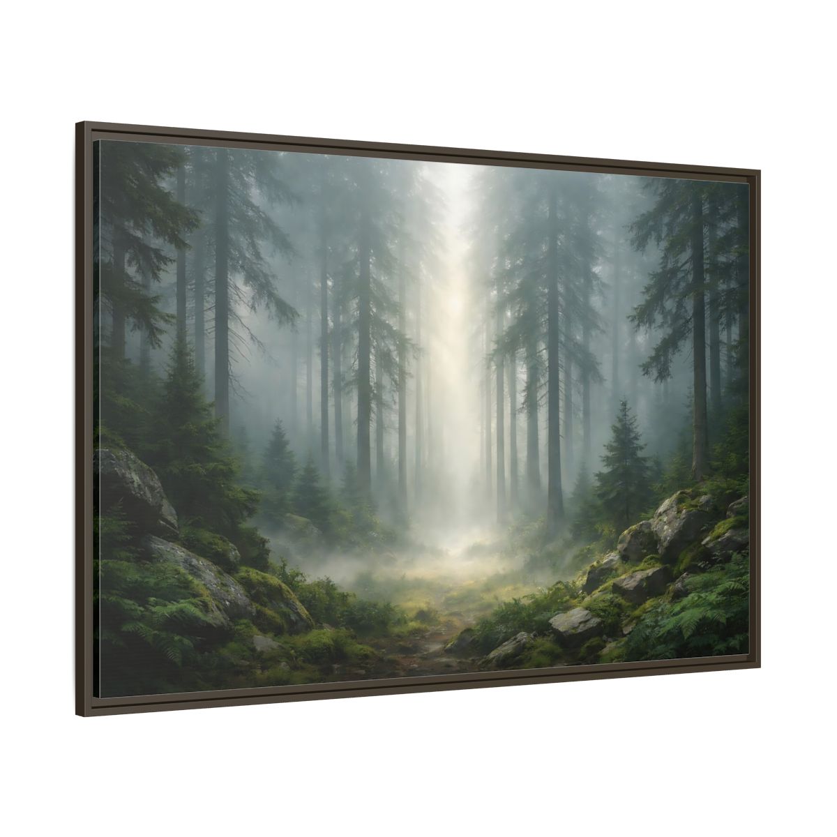 Main Mockup. Nature Misty Forest Green Forest Mist shown as stretched canvas wall art
