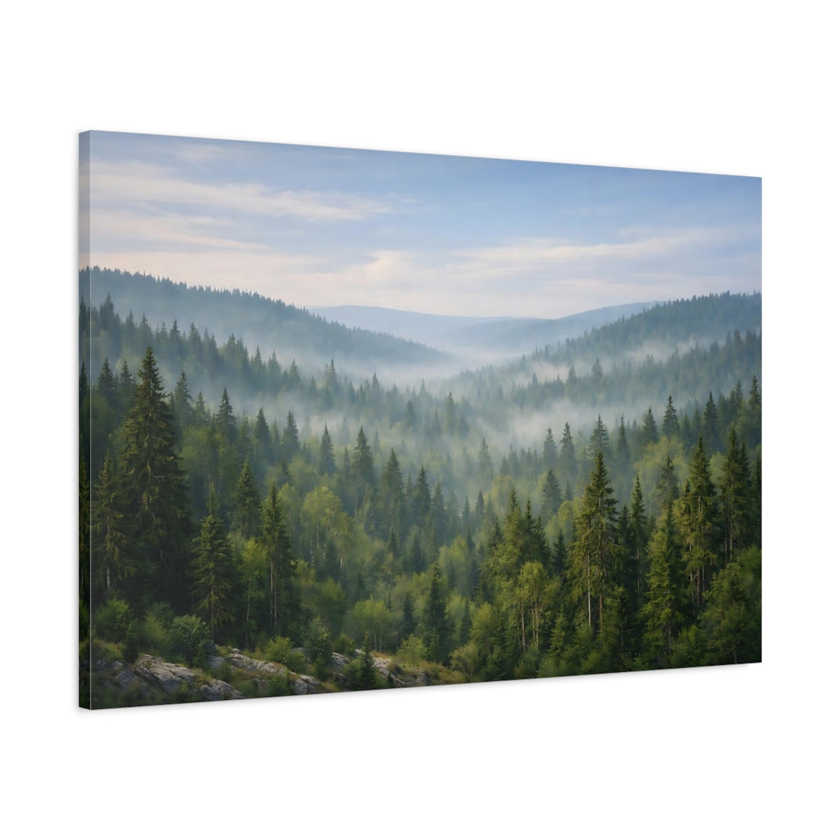 Main Mockup. Nature Misty Forest Green Forest Mist shown as stretched canvas wall art