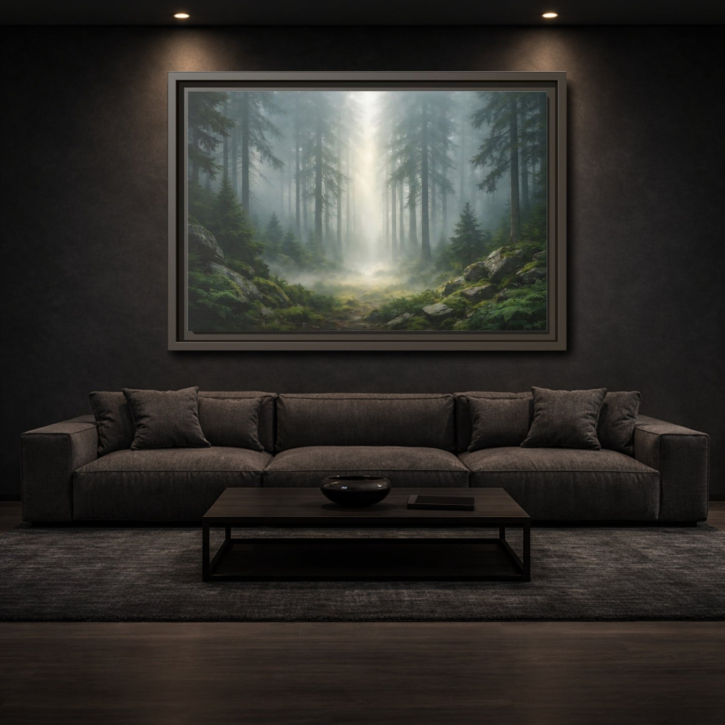 Mockup 2. Nature Misty Forest Green Forest Mist shown as stretched canvas wall art