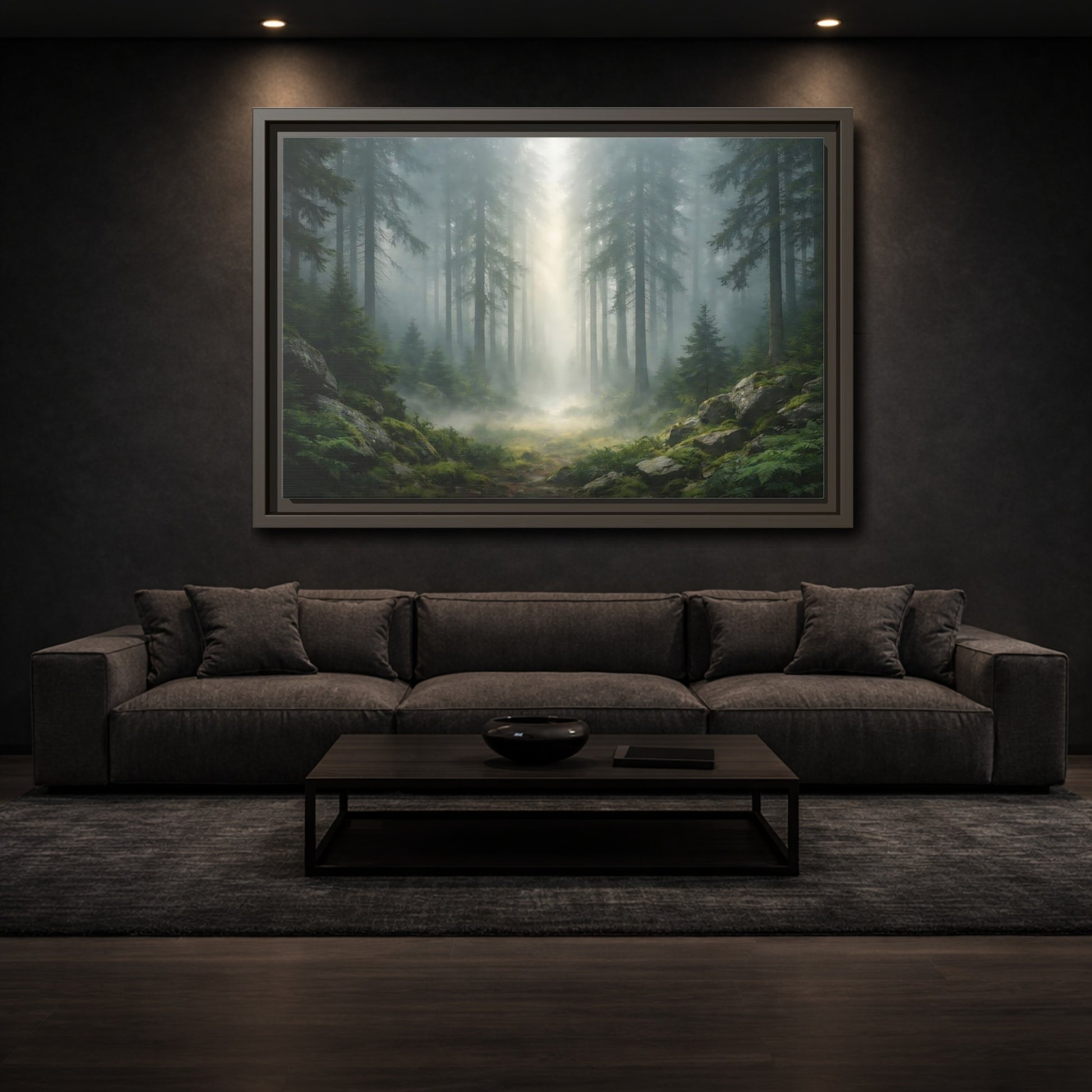 Mockup 2. Nature Misty Forest Green Forest Mist shown as stretched canvas wall art