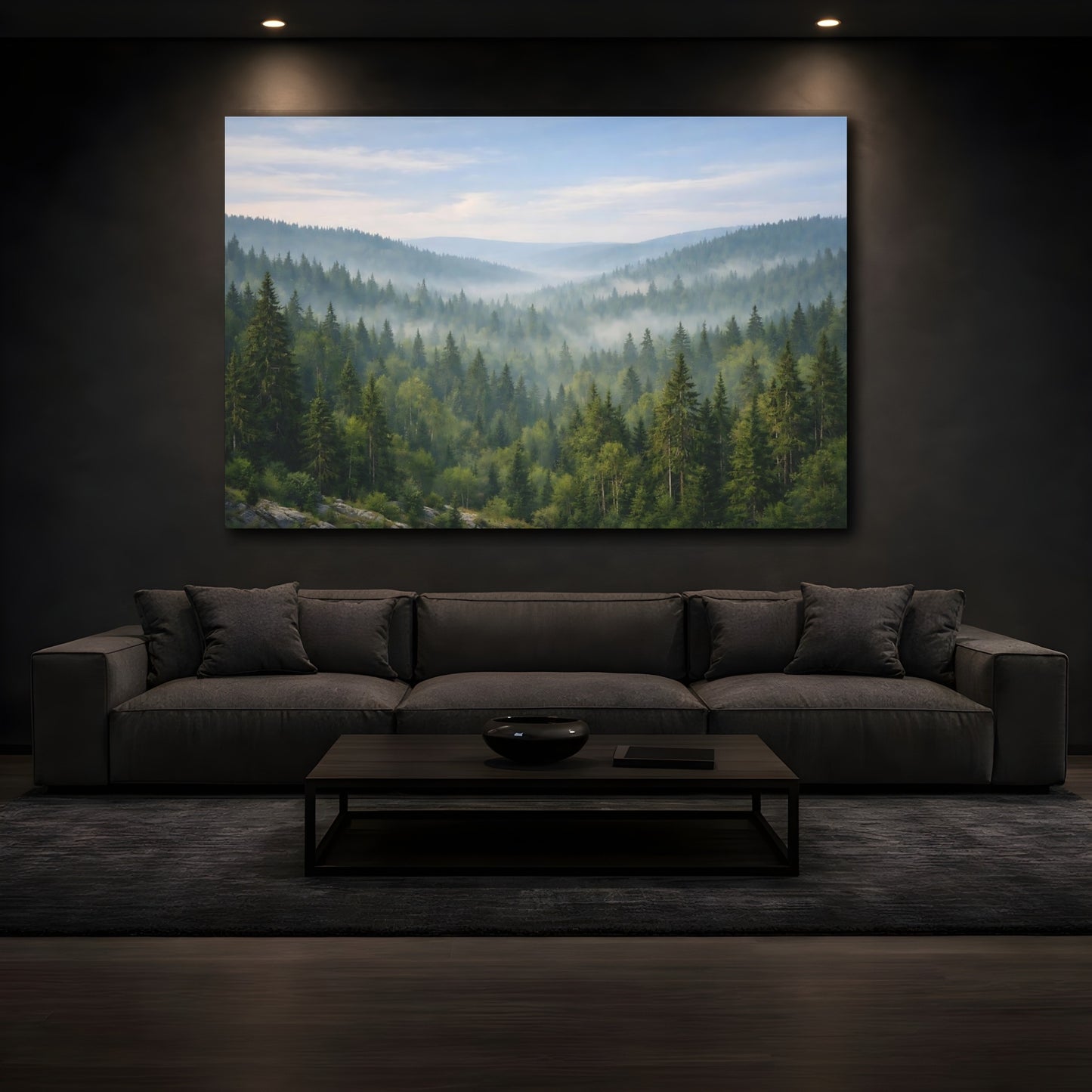 Mockup 2. Nature Misty Forest Green Forest Mist shown as stretched canvas wall art