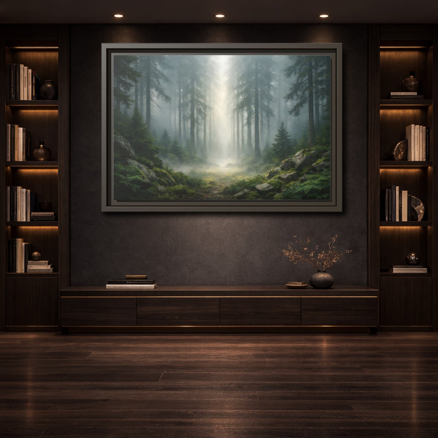 Mockup 3. Nature Misty Forest Green Forest Mist shown as stretched canvas wall art