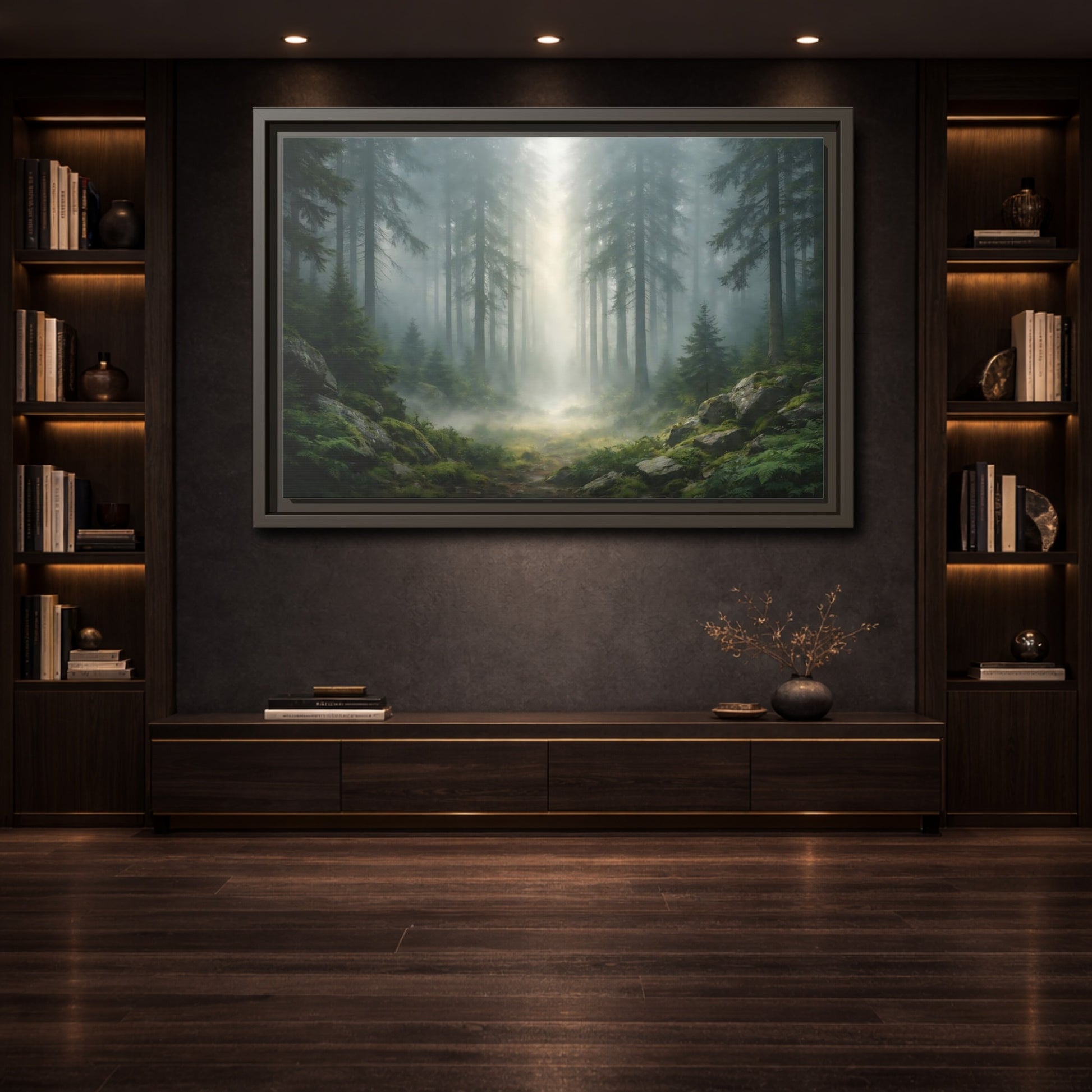 Mockup 3. Nature Misty Forest Green Forest Mist shown as stretched canvas wall art
