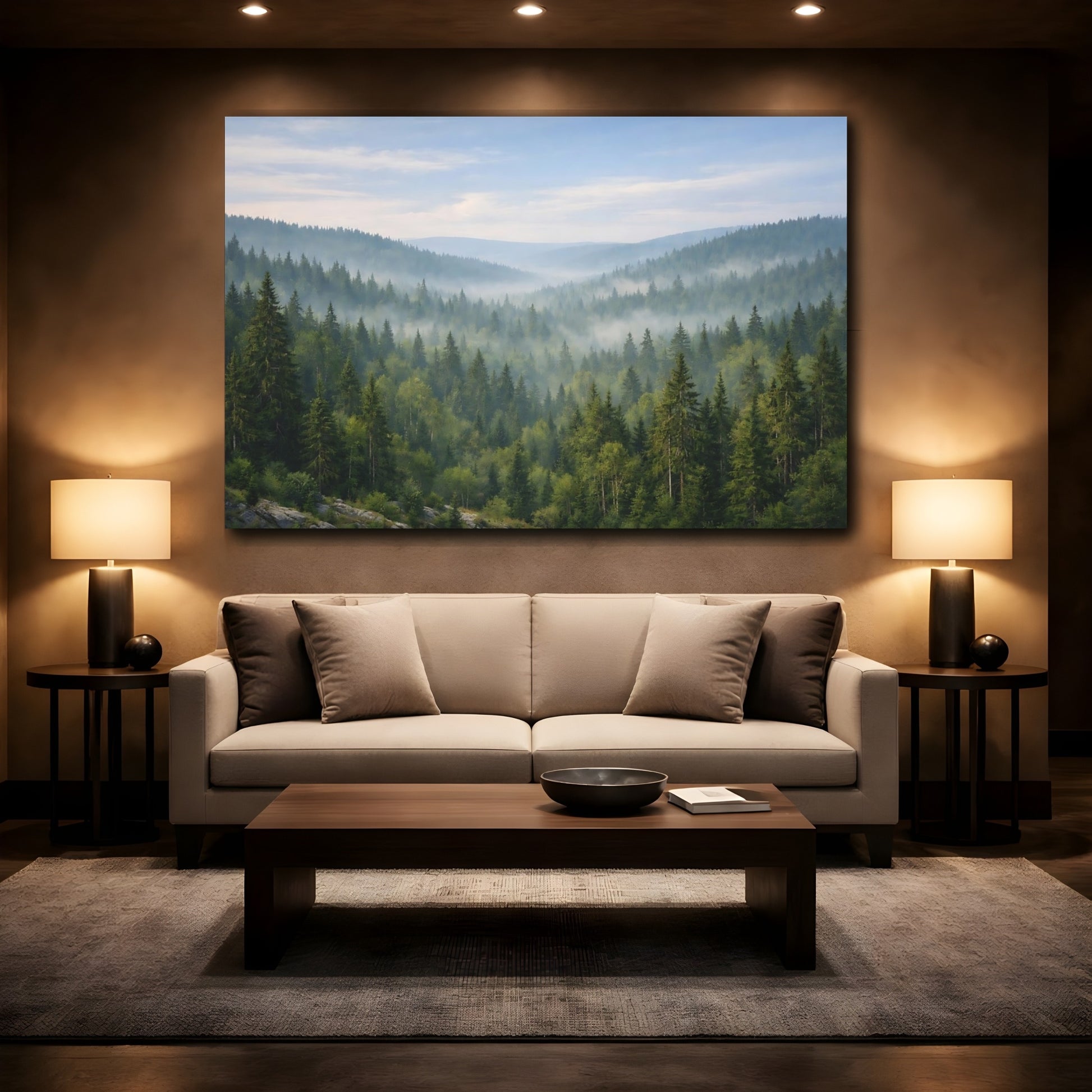 Mockup 3. Nature Misty Forest Green Forest Mist shown as stretched canvas wall art