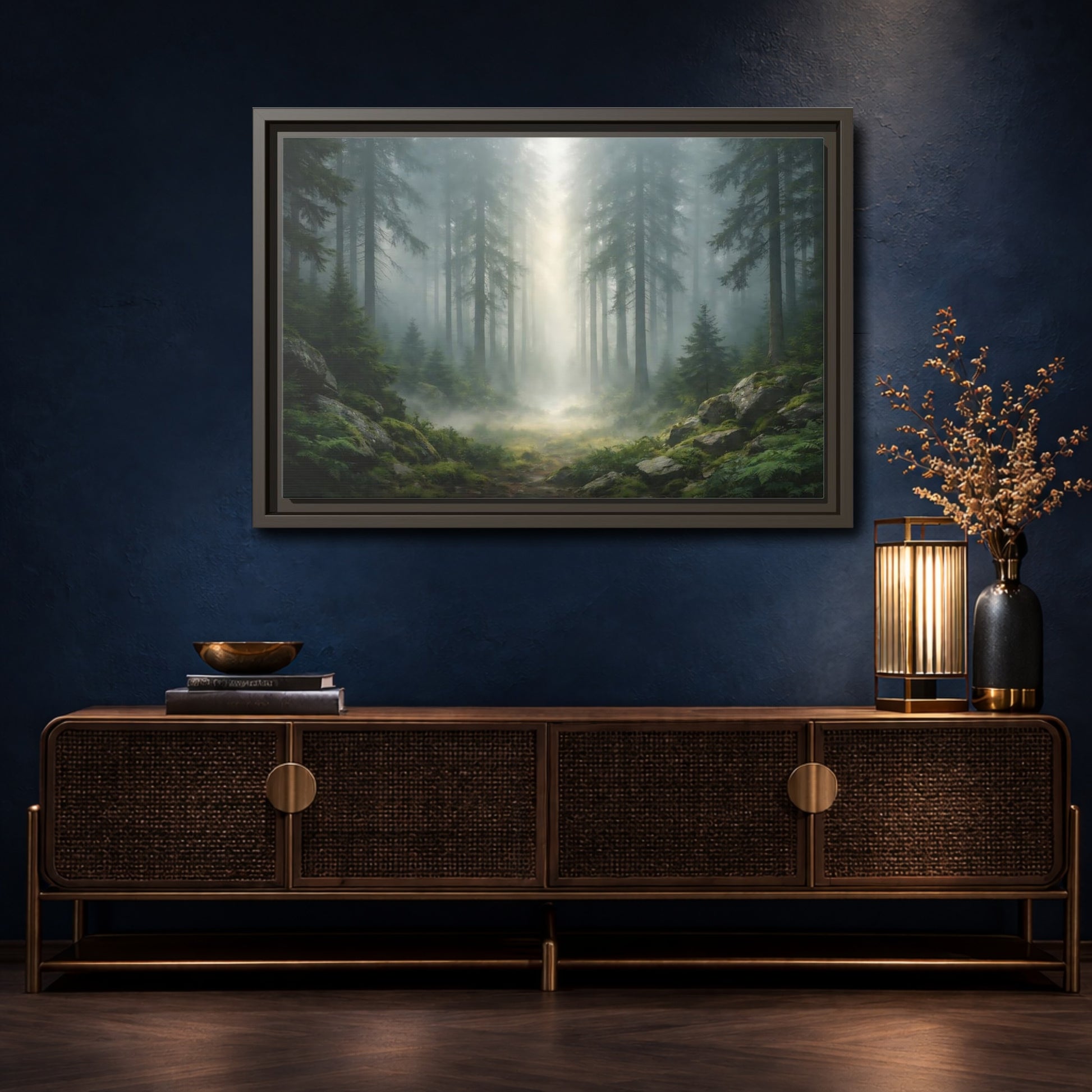 Mockup 4. Nature Misty Forest Green Forest Mist shown as stretched canvas wall art