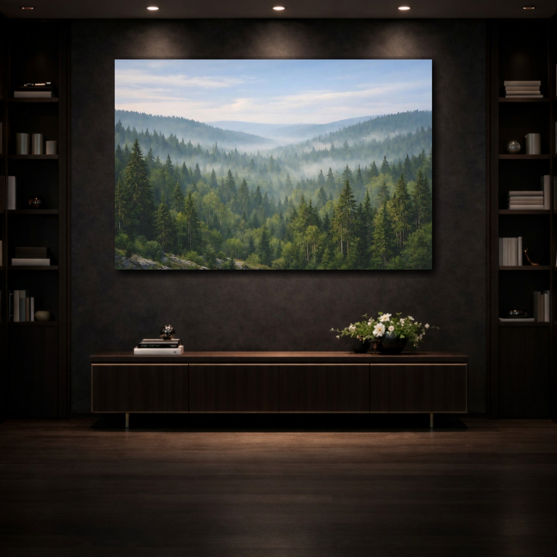 Mockup 4. Nature Misty Forest Green Forest Mist shown as stretched canvas wall art