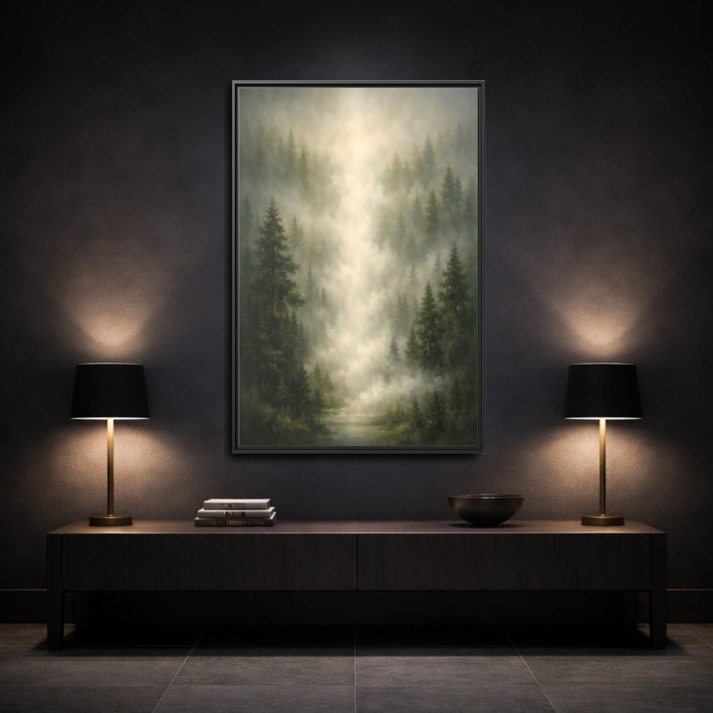 Nature Misty Forest Green - Framed Canvas Wall Art Print - YesArtYes