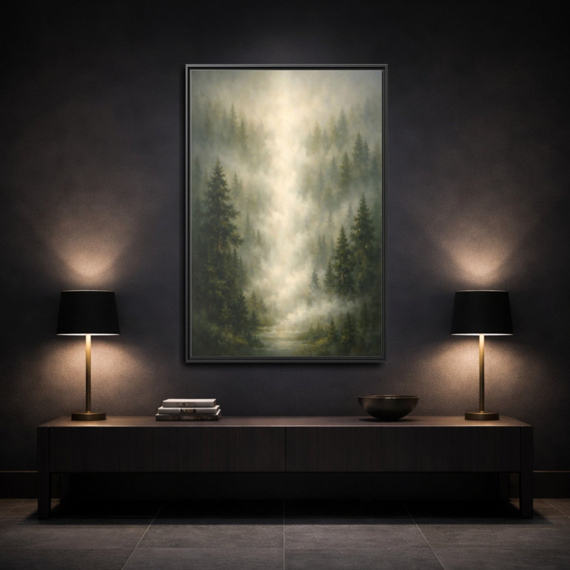 Nature Misty Forest Green - Framed Canvas Wall Art Print - YesArtYes